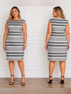 NWOT Calvin Klein Sheath Striped Midi Gray White Dress